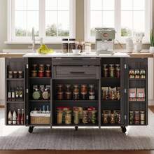 Rolling Kitchen Island Cart With Fold‑Out Extension Tabletop, 2 Drawers & Multi‑Cabinet Storage With Adjustable Shelves & Door Racks, Mobile Kitchen Trolley With Towel Rack & Spice Rack For Kitchen Dining Room - Grey - View 1