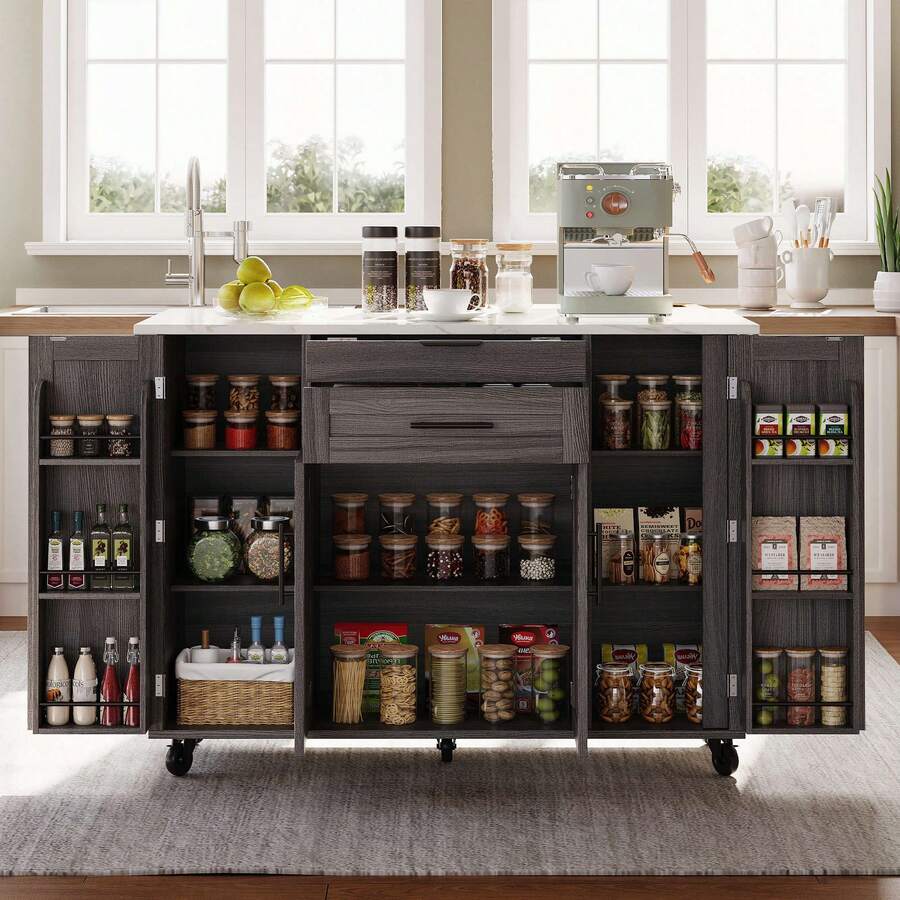 Rolling Kitchen Island Cart With Fold‑Out Extension Tabletop, 2 Drawers & Multi‑Cabinet Storage With Adjustable Shelves & Door Racks, Mobile Kitchen Trolley With Towel Rack & Spice Rack For Kitchen Dining Room - Grey - View 1