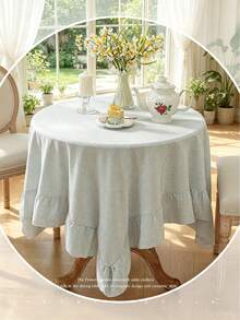 1pc Tablecloth With Ruffle Hem Decor, Polyester Fabric, Light Blue Plaid Pattern, Rectangular Or Square, Suitable For Dining Room And Living Room Table Decor - Baby Blue - View 10