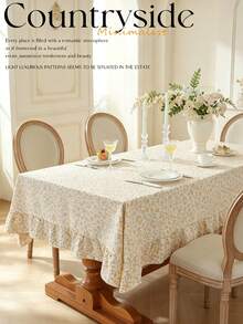 1pc Tablecloth With Scalloped Lace Trim, Polyester Fabric, Pale Yellow Floral Pattern, Rectangular/Square Tablecloth, Suitable For Dining Room And Living Room Tabletop Decoration - Light Yellow - View 11