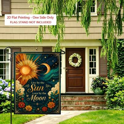 Drapeau de jardin à face unique pour les fêtes - Affiche coucher de soleil, lever de soleil, soleil et lune - Convient pour la décoration extérieure de la maison, le balcon, le porche, la pelouse, drapeau seulement