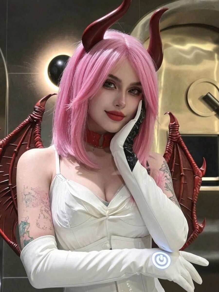 Anime Cosplay Bright Shoulder Length Pink Short Straight Bob Wig With Middle Part Wig Heat Resistant Synthetic Full Wig For Halloween Costume Theme Party Photography