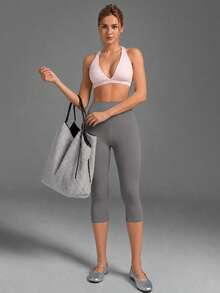 Women's Solid Color Butt-Lifting Sports Mid-Length Pants, Elastic Design Comfortable Minimalist Versatile Fitted Athletic Pants Summer - Grey - View 6