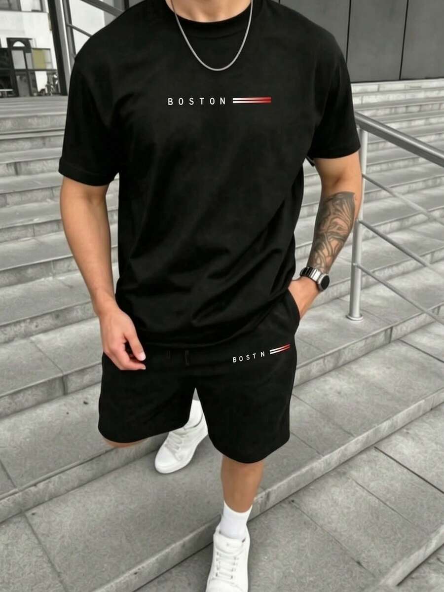 Conjunto de manga corta estampado para hombres con mangas cortas sueltas, suaves y ligeras, ropa casual de la ciudad de playa y entretenimiento diario de varios tamaños - Granate - Ver 1