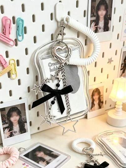 Retractable Star Card Holder Keychain, Durable Transparent ID Card Holder Set With Detachable Wipeable Sliding Cover, Key Ring And Detachable Lanyard/Pendant - Heavy Duty Transparent Card Sleeve With ID Window And Card Slot, Suitable For School, Office, Events, Campus Essential, Stylish Design With Star Bow Decoration, Heart Buckle, Can Store ID Card, Bank Card, Bus Card And Keys, Campus Commute Essential ID Protection Sleeve, Student Campus Commute Essential, Practical And Fashionable