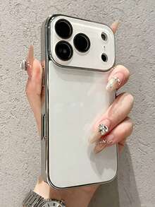 Luxury Electroplated Glossy Phone Case Compatible With Iphone 17 Pro Max 16 15 14 13 12 11 Pro Max, Minimalist Solid Color Textured Lens Protection Shockproof Cushion Hard Shell Back Cover - White - View 2