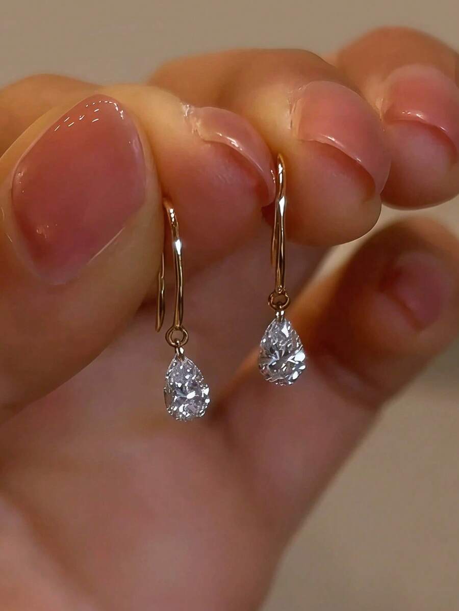 1 Pair Minimalist Luxury Water Drop Rhinestone Earrings, Suitable For Women's Daily Commute Wear