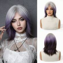 Ombre Silver To Dark Purple Medium Length Layered Synthetic Wig Middle Part, Natural Soft Heat Resistant Full Wig For Daily Cosplay Party Halloween - Ombre - View 14