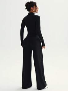 Black 3-Piece Sports Set, Zipper Long Sleeve Jacket, Halter Neck Tank Top, High Waist Wide Leg Yoga Pants - Black - View 6