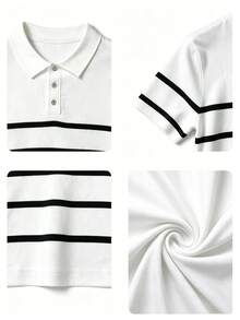 Big Kids Classic Colorblock Striped Knit Polo Shirt, Breathable Lightweight Casual Knit Top - White - View 5