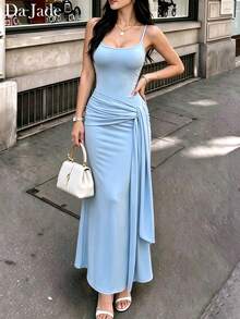 Da Jade Gaun Maxi Model Duyung Berkerah Persegi dengan Tali Bahu Tipis ala Prancis, Ikat Pinggang Berkerut, Lembut, Elastis, Halus, Pas Ramping, Cocok untuk Makan Malam, Kencan, Pesta, Pernikahan, dan Tamu Lainnya - Baby Blue - View 3