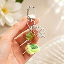 1pc/2pcs Unisex Cartoon Flocked Turtle Pendant Lucky Four-Leaf Clover Beaded Accessory Alloy Four-Leaf Clover Charm Keychain Cute Fresh Bag Charm - Green - View 2