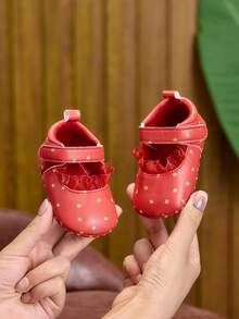 Spring/Autumn Infant Girls Flat Shoes 0-1 Years Soft Sole Solid Color Printed Hook-And-Loop Princess Shoes Soft Walking Shoes - Red - View 4