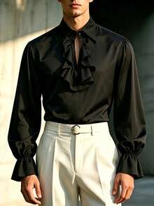 Halloween - Men's Vintage Medieval Vampire Aristocrat Halloween Party Ruffled Collar Casual Long Sleeve Dress Shirt - Black - View 3