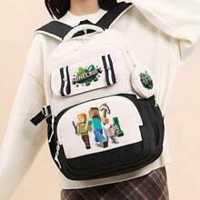 Miniso Korean Two Pieces Minecraft Black White Color Block Large Daily School Bag Backpack With Steve Alex Creeper Wolf Pixel Block Pattern Round Coin Purse - Color 1 - View 2