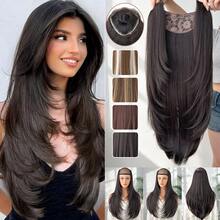 HEYPINK Ekstensi Rambut Jepit Bentuk V untuk Wanita 24 Inci Satu Bagian Ekstensi Rambut Lurus Sintetis untuk Seluruh Kepala dengan 5 Jepitan Cokelat Gelap - Hitam Coklat - View 2
