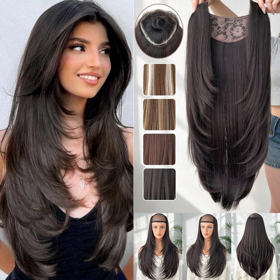 HEYPINK Ekstensi Rambut Jepit Bentuk V untuk Wanita 24 Inci Satu Bagian Ekstensi Rambut Lurus Sintetis untuk Seluruh Kepala dengan 5 Jepitan Cokelat Gelap