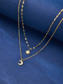 SYMFNY 1pc 925 Sterling Silver Necklace, Double Layer Zirconia Star & Moon Pendant, Elegant Fashion Jewelry Gift - Yellow Gold - View 4