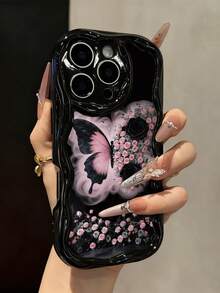 Butterfly Painted Flat Print Black Painted Cream Pattern Soft Shell Suitable For IP17/IP17PROMAX/Iphone16//Iphone16pro/Iphone16promax/Iphone15/ XR /7p8p/P12promax/P13promax/P14PROMAX /P13/P14/P11/P12/P14 Women Soft Anti-Drop XS/S/XSMAX/78GES2/Cute Fashion Thickened Phone Case Protective Cover - Multicolor - View 1