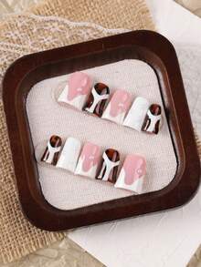 10pcs Duck Mouth Style Handmade Press-On Nails, Autumn/Winter Vintage Tortoiseshell Cream White Nude Pink Patchwork Manicure, European Hot Girl Style 3D Pearl Decor Detachable Fake Nails, No Baking Required Reusable Nail Stickers, Suitable For Girls' Autumn Outfits And Date Night Aesthetic Manicure - Coffee Brown - View 8