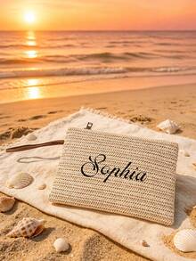Personalized Embroidered Straw Handbag, Customized Bohemian Style Zipper Storage Bag With Wrist Strap And Zipper, Bridesmaid Makeup Bag, Summer Beach Vacation Clutch - Multicolor - View 12