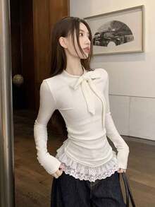 Women's Bow Tie Lace Trim Long Sleeve Base Layer T-Shirt, Sweet Design Inner Top For Autumn/Winter - White - View 5