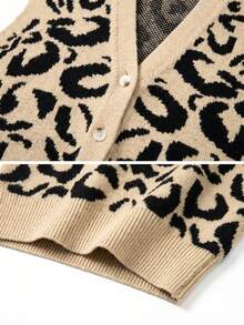 Wixra Women's V-Neck Leopard Print Knit Vest, Front Button Sleeveless Cardigan - Khaki - View 8