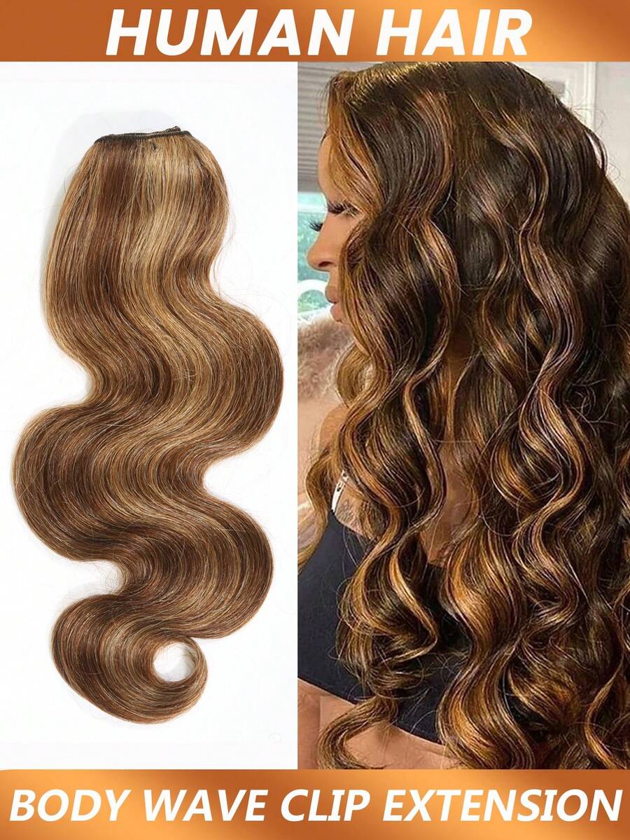 Body Wave One-Piece Hair Extension Human Hair V-Shaped Half Full Head Hair Piece With Adjustable Hair Clips And Invisible Steel Wire Adds Volume Easy To Install Suitable For Women Daily Use #P4/27 - S4/27 - View 1