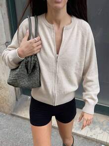 Women's Fall/Winter Gentle Style Solid Color Zip Up Crew Neck Knit Cardigan, Slim Fit Flattering Versatile Casual Top For Daily Office Commute Wear - Apricot - View 4