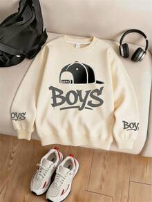 Tween Boys American Street Style Printed Sweatshirt & Cargo Pants 2-Piece Set, Autumn/Winter Outfit, Campus Style, Homecoming Look - Apricot - View 4