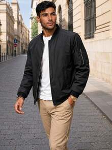 Men's Casual Baseball Collar Jacket, Black Lightweight Zip-Up Cardigan, Suitable For Spring/Autumn, Daily/Commute/Outdoor Wear - Black - View 3