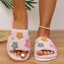 Floral Plant Fresh Soft Fuzzy Comfortable Flat Slippers For Home Floor - Pink - View 5
