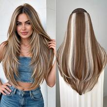 HEYPINK Ekstensi Rambut Jepit Bentuk V untuk Wanita 24 Inci Satu Bagian Ekstensi Rambut Lurus Sintetis untuk Seluruh Kepala dengan 5 Jepitan Cokelat Gelap - Hitam Coklat - View 8