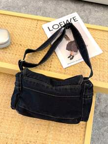Blue Washed Denim Shoulder Bag For Women, Casual And Versatile, All-Match Travel Bag, Minimalist Metal Decor, Lightweight Crescent Bag For All Seasons - Black - View 2