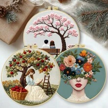 Embroidery Kit: Flower Couple For Adult Beginners. Includes Manual, Printed Fabric, Hoop, Needles, Threads & Stitch Guide. Great Home Gift For Women. Size: 15x15cm/5.9in Or 20x20cm/7.9in. - Flower Couple - View 2