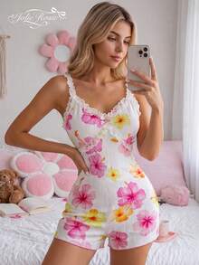 女士休闲时尚粉色性感连体裤，甜美提花面料蕾丝边设计，适合居家/睡衣穿着，春夏皆宜。 - 粉色 - 查看 7