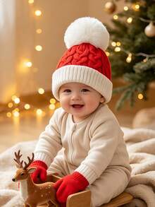 3PCS 6-36M Christmas Knitted Hat, Autumn/Winter Warm Pom Pom Hat, Gloves Set, Children's Knitted Hat And Gloves - 3PCS - View 7