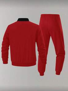 Men's Autumn/Winter Letter Print Zip-Up Long Sleeve Jacket And Drawstring Waist Tapered Pants Set - Red - View 3