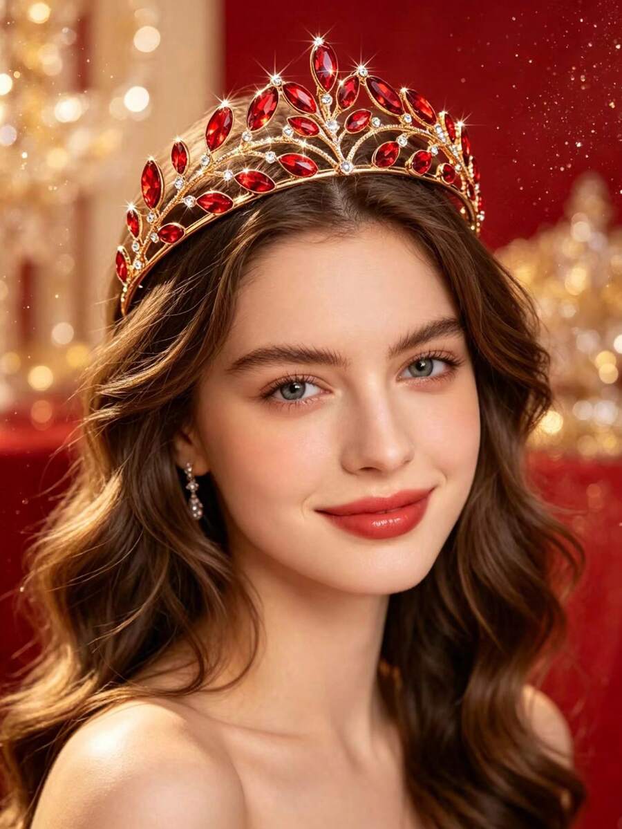 1pc Bridal Wedding Crown Headpiece, Crystal Rhinestone Embellished Hair Hoop, New Style Tiara Hair Accessory - 44026 Red - View 1