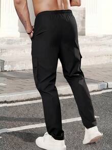 2pcs/Set Men's Long Pants Spring/Autumn Solid Color Sports Multi-Pocket Outdoor Cargo Pants Straight Leg Zipper Sweatpants - Black - View 3
