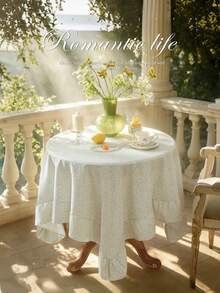 1pc Tablecloth With Scalloped Lace Trim, Polyester Fabric, Light Green Floral Pattern, Rectangular/Square Tablecloth, Suitable For Dining Room And Living Room Tabletop Decoration - Light Green - View 10