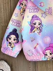 Young Girl Cartoon Print Warm Hooded Jacket - Purple - View 7