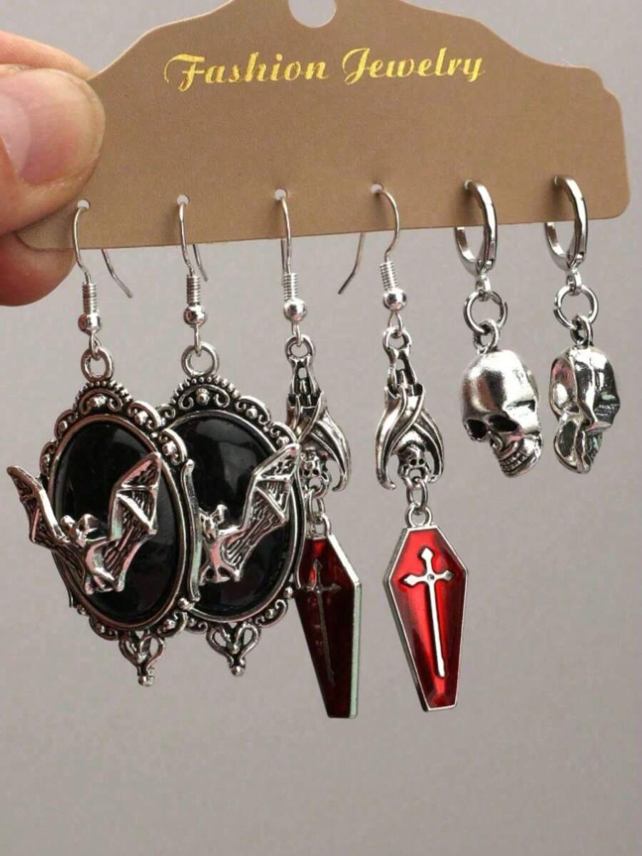 6pcs Vintage Gothic Dark Style Bat, Black Cat, Moon, Star, Skull Cat, Cross, Skull, Coffin Board Black Earrings Hoop Earrings Women Earrings Set (Card Not Included) - Multicolor - View 1