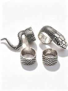 4Pcs Vintage Silver Tone Snake Pattern Rings Set Retro Textured Knuckle Rings Punk Style Women Party Jewelry - Antique Silver - View 4