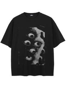 Tiny Spark Streetwear Black Tee Shirt Surreal Graphic Multiple Eyes Print Dark Psychological Horror - Black - View 2