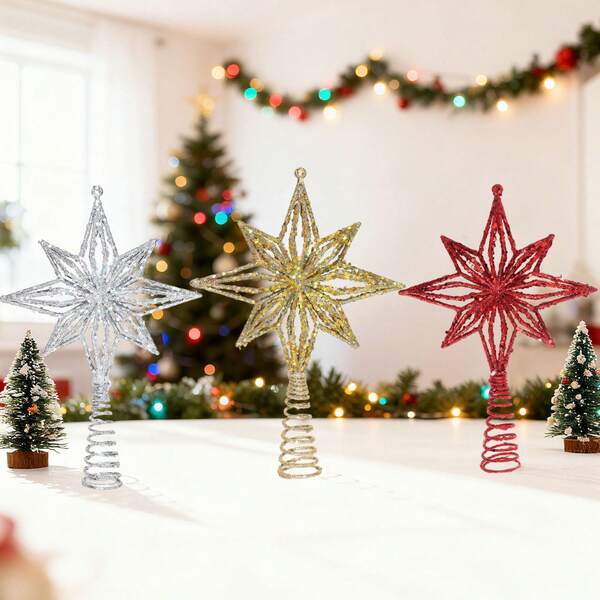 1pc Glitter Snowflake Star Christmas Tree Topper, Spring Base, Shiny Metallic Red Gold Silver Color, Detachable Bracket, Durable And Fade-Resistant, Lightweight And Easy To Hang, Holiday Christmas Decoration, Winter Holiday Home Decor, Suitable For Fireplace Mantel Desk Doorway Indoor Scenes