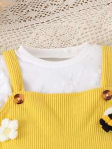 Early Autumn Girls 2 Pieces Set Ribbed Flutter Sleeve Long Sleeve Undershirt + Corduroy Overall Dress With 3D Flower & Bee Design Baby Outfit - Yellow - View 4