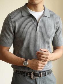 Men's Vertical Ribbed Knit Polo Short Sleeve, Light Business Casual Loose Fit Top - Dark Grey - View 4