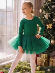 Girls' Solid Color Round Neck Long Sleeve Tulle Ballet Dress, Children Swan Ballet Dance Costume - Green - View 4