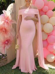粉色孕婦露肩無袖透視針織魚尾長洋裝，優雅孕婦攝影、婚禮賓客、派對禮服，適合秋季 - 粉色 - 查看 1